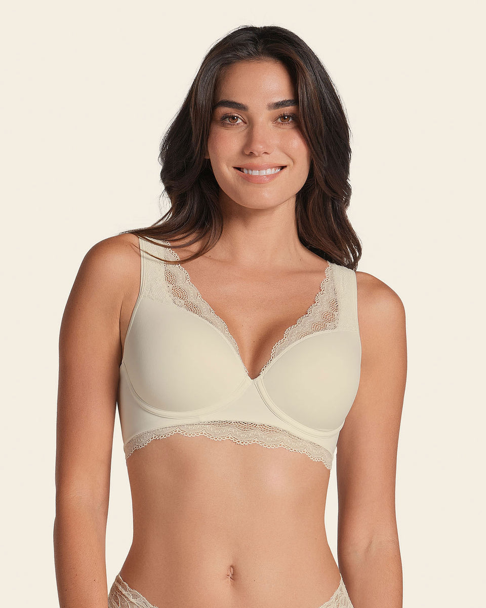 Deep coverage bra: soft lightly-lined lace underwire bra