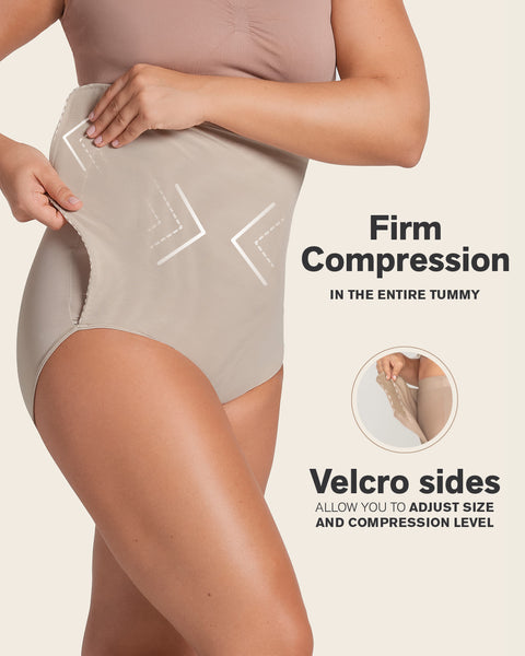 High-waisted firm compression postpartum panty with adjustable belly wrap#color_802-nude