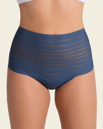 Slimming Lace Stripe High-Waisted Thong Panty#color_589-slate-blue