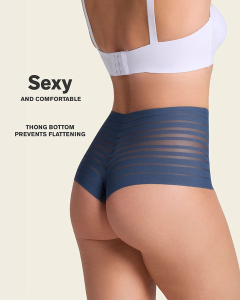 Slimming Lace Stripe High-Waisted Thong Panty#color_589-slate-blue