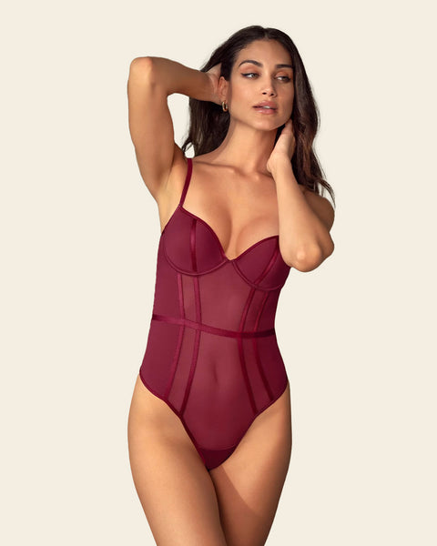 Sheer Structured Sexy Bodysuit with Thong Bottom#color_240-burgundy