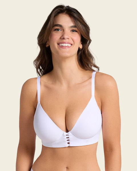 Memory foam push-up underwire bustier bra with strappy front#color_000-white