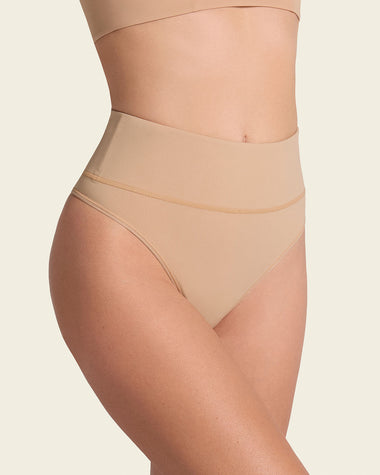 High-waisted seamless moderate shaper thong panty#color_802-golden-beige