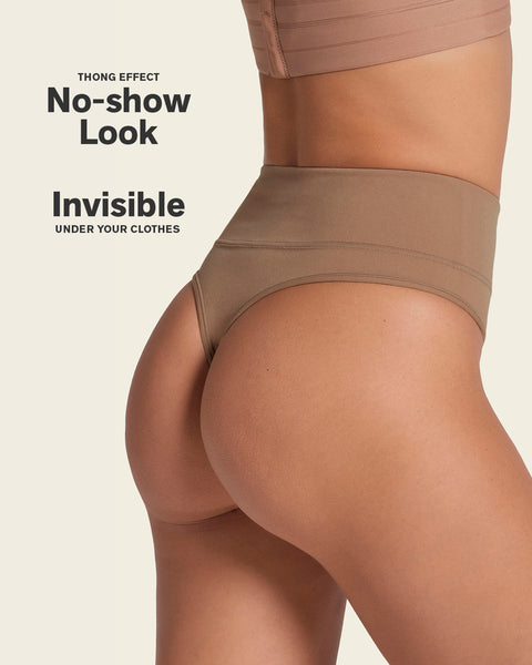 High-waisted seamless moderate shaper thong panty#color_857-brown