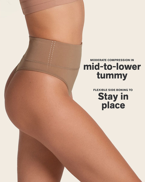 High-waisted seamless moderate shaper thong panty#color_857-brown