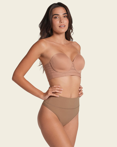 High-waisted seamless moderate shaper thong panty#color_857-brown