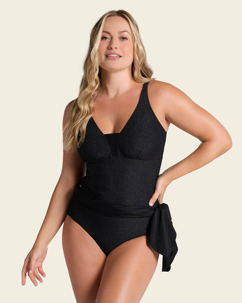 Shiny Slimming One-Piece Swim Dress#color_700-shiny-black