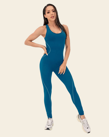 Backless Active Shaper Long Leg Jumpsuit | Leonisa Active by Silvy Araujo#color_541-dark-teal