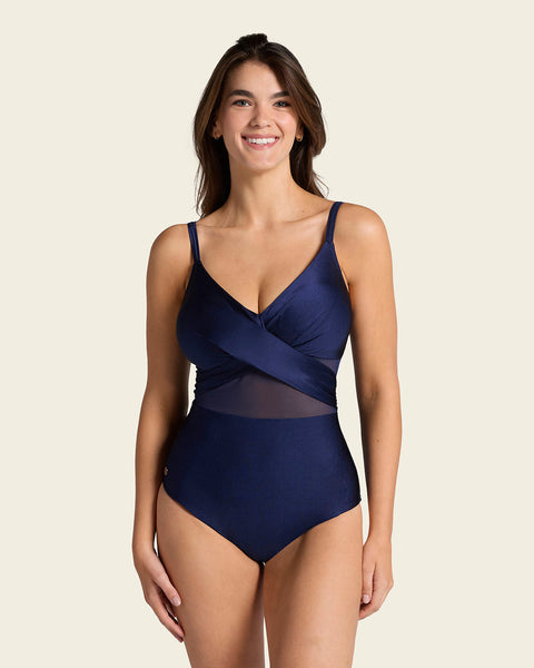 One Piece Swimsuit with Criss Cross Neckline and Tulle#color_509-navy-blue