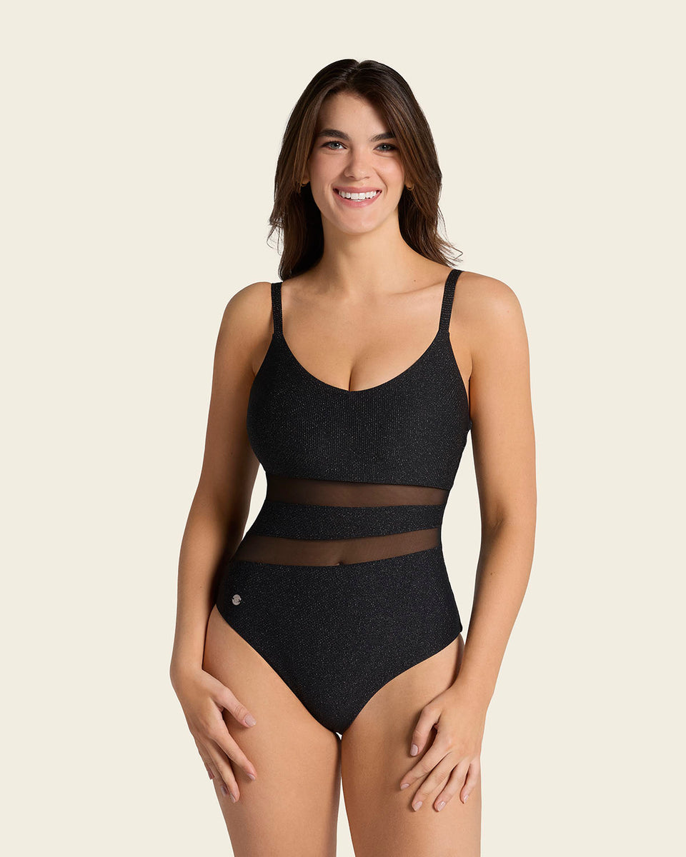 One-Piece Slimming Swimsuit in Shiny Fabric with Sheer Cutouts