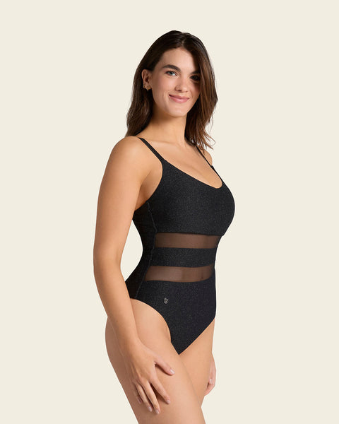 One-Piece Slimming Swimsuit in Shiny Fabric with Sheer Cutouts#color_700-shiny-black