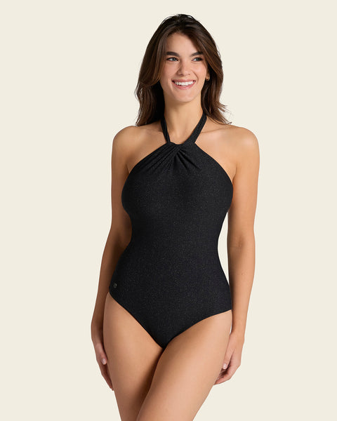 One-Piece Shiny Plunge Shaping Halter Neck Swimsuit#color_700-black