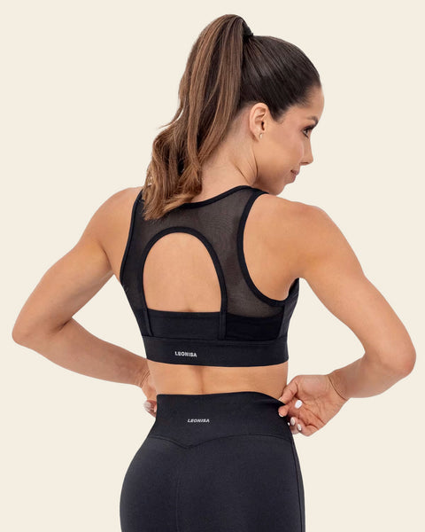 Sports Bra with Sheer Tulle Keyhole Back | Leonisa Active by Silvy Araujo#color_700-black